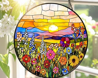 Wildflowers Stained Glass Suncatcher, Wildflowers Window Hanging, Gift for Mom, Floral Glass Art, Colorful Wildflowers Garden Suncatcher