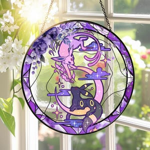 Witrażowy łapacz słońca Pokemon, niebiański wystrój Pokemon, sztuka okienna inspirowana księżycem i gwiazdami Pokemon, zawieszka na okno, idealny prezent dla fanów
