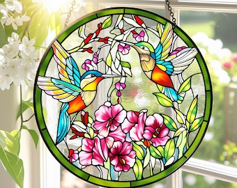 Hummingbird Stained Glass Suncatcher, Hummingbird Window Hanging, Bird Glass Art, Memory Sympathy Gift,Gifts for Mom or Grandma,Indoor Decor