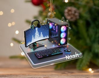 Custom Name Christmas Gamer PC Ornament,Acrylic Keepsake,2025 Christmas Tree Decor,RGB Lights Desk Setup Gift for Gamers,Computer Decor