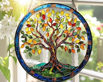 Stained Glass Tree of Life Suncatcher,Window Hanging,Nature Decor,Gift for Mom,Birthday Gift