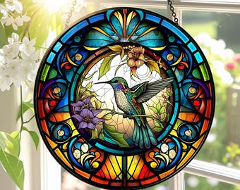 Bird Stained Glass Suncatcher, Colorful Hummingbird Window Hanging, Floral Nature Inspired Glass Art, Insect Lovers Gift, Unique Home Decor