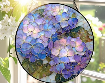 Blue Hydrangea Stained Glass Suncatcher,Floral Window Hanging,Blue Hydrangea Decor,Floral Lover SunCatcher,Glass Flower,hydrangea lover gift
