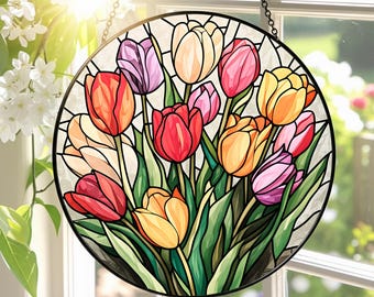 Personalized Colorful Tulips Painted Stained Glass Suncatcher, Teacher Garden Window Hanging, Flower Botanical Art, Unique Home Decor