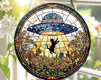 UFO Abduction Black Cat Wildflowers Stained Glass Suncatcher, Halloween Window Hanging, Black Cat Suncatcher, Unique Home Decor, Funny Gift