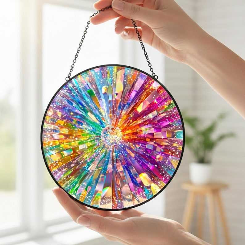 May include: A circular suncatcher featuring a vibrant, multi-colored radial pattern of iridescent glass shards. The design radiates from a central point, encased in a thin black metal frame with a delicate black chain for hanging display.