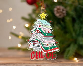 Custom Name Christmas Book Tree Ornament,Acrylic Keepsake,2025 Christmas Tree Decor,Book Lover Gift,Librarian Christmas Decor,Bookworm Gifts