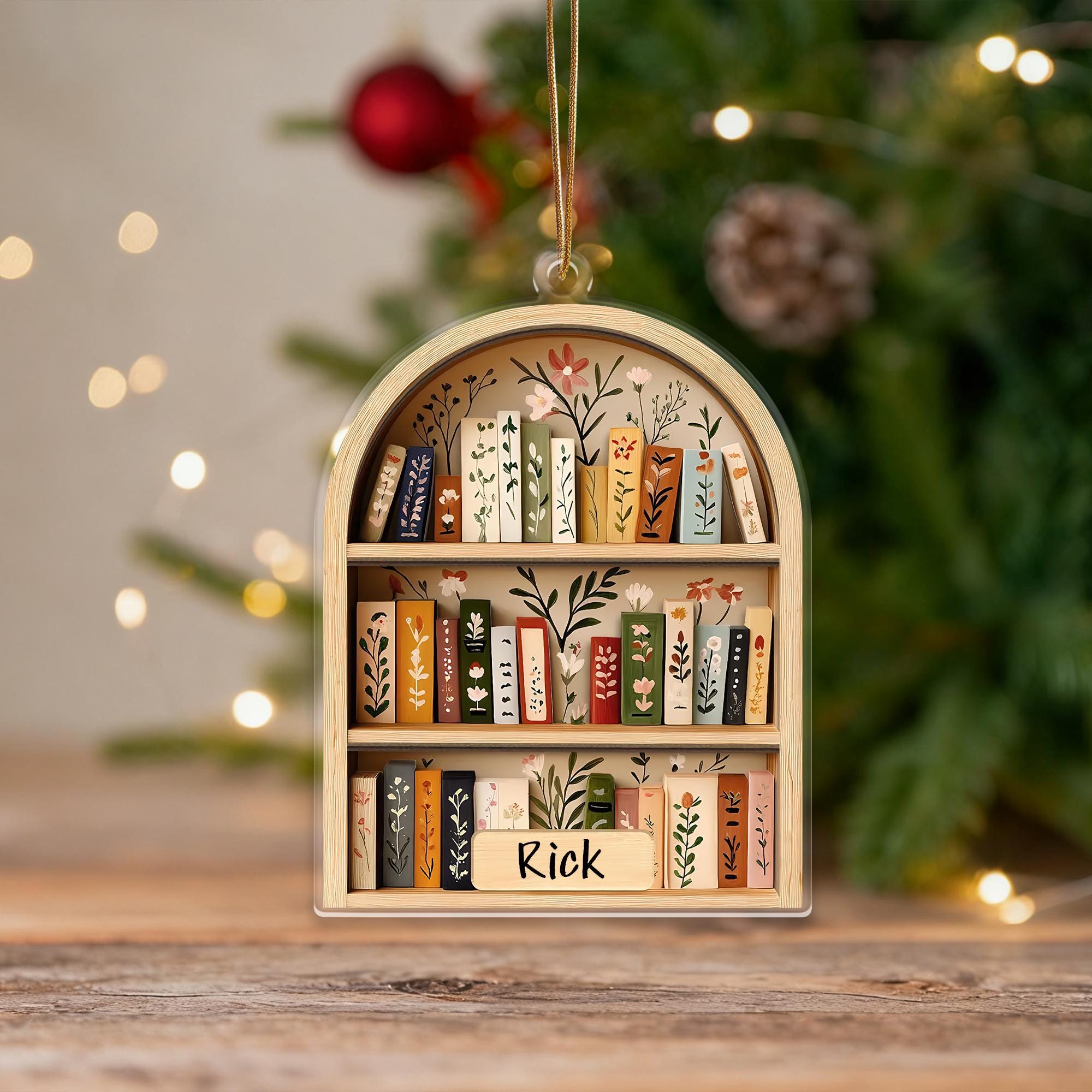 Custom Christmas Bookshelf Ornament,Book Lover Gift,Custom Name 2D Flat Acrylic Ornament,Book Club Ornament,Bookworm Gifts,Bookish Ornament