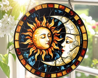 Sun & Moon Stained Glass Suncatcher, Sun and Moon with Faces Light Catcher Window Hanging, Celestial Lover Gift, Boho Home Decoration