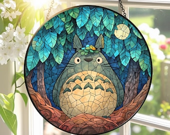 Anime Lover Hobby Stained Glass Suncatcher, Ghibli Fan Window Art, Gift For Friends Window Hanging, Kids Room Decor, Forest Spirit Decor