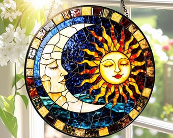 Sun & Moon Stained Glass Suncatcher, Sun and Moon with Faces Light Catcher Window Hanging, Sun and Moon Lover, Boho Home Decoration Gift
