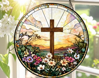 Cross And Wildflowers Stained Glass Suncatcher, Christian Window Hanging, Flower Window Decor, Religious Faith Gifts, Suitable for of Church