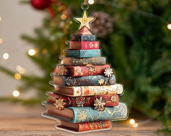 Christmas Book Tree Ornament,Acrylic Keepsake,Book Lover Gift,Book Club Ornament,Bookish Ornament,Book Exchange Gifts,Christmas Tree Decor