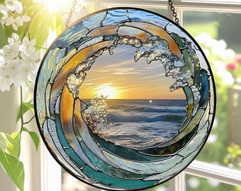 Ocean Wave Stained Glass Suncatcher, Beach Coastal Window Hanging, Nature Lover Gift, Beach House Window Decor, Coastal Home Decor