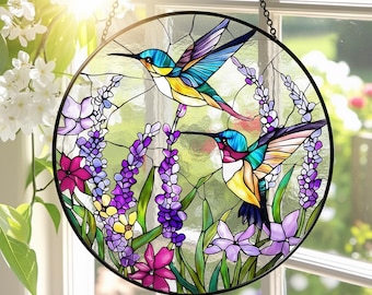 Hummingbird Stained Glass Suncatcher,Hummingbird Window Hanging,Bird Glass Art, Memory Sympathy Gift,Gifts for Mom or Grandma,Indoor Decor