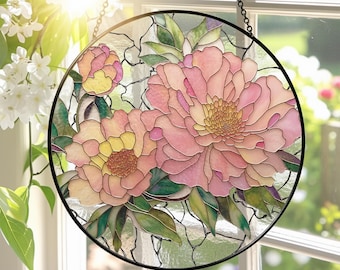 Peony Flower Stained Glass Suncatcher, Peony Window Hanging, Plant Lover Gift, Gifts for Mom, Botanical Art Window Decor,Nature Inspired Art
