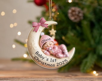 Baby’s First Christmas Ornament,Baby Shower Gift,Custom Name Star and Moon Xmas Decor,2D Flat Acrylic Ornament,Christmas Tree Decor,Gift Box