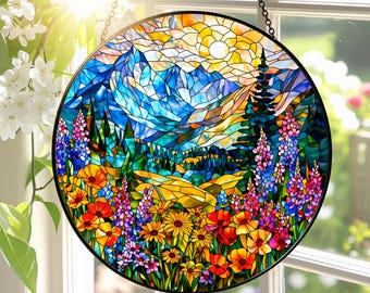Mountain Lupine Stained Glass Suncatcher, Alpine Landscape Window Art, Wildflower Valley Window Hanging, Indoor Decor, Nature Lovers Gifts