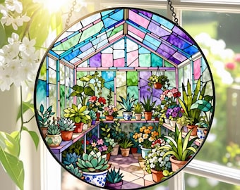 Greenhouse Garden Stained Glass Suncatcher, Window Hanging, Plant Lover Gift, Home Decor, Gifts for Mom or Grandma, Indoor Decor