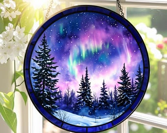 Northern Lights Aurora Glass Suncatcher, Forest Aurora Window Hanging, Northern Lights Decor, Nature Lovers Gifts, Alaskan Themed Gifts