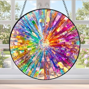 May include: A circular suncatcher featuring a vibrant, multi-colored radial pattern of prismatic glass shards. The design radiates from a central clear crystal sphere, encased in a thin black metal frame and suspended by a black metal chain.