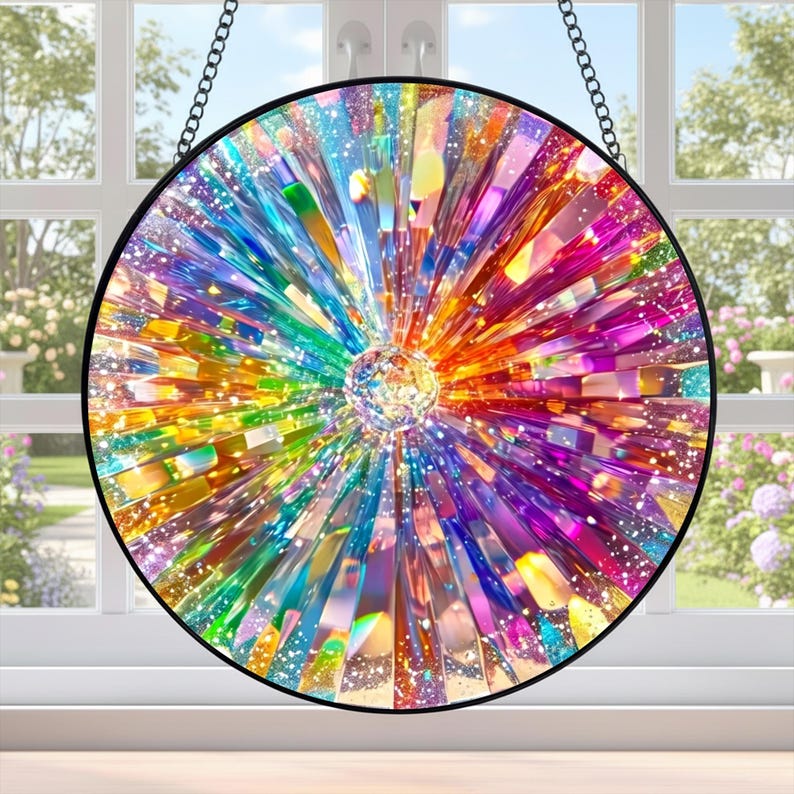 May include: A circular suncatcher featuring a vibrant, multi-colored radial pattern of prismatic glass shards. The design radiates from a central clear crystal sphere, encased in a thin black metal frame and suspended by a black metal chain.