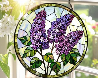 Purple Lilac Stained Glass Suncatcher, Floral Window Hanging, Lilac Glass Art, Memory Sympathy Gift, Gifts for Mom or Grandma, Indoor Decor