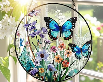 Butterfly Flowers Stained Glass Suncatcher,Butterfly Window Decor,Flowers Stained Glass Window Hanging,Nature Lover Gift,Gifts For Mom
