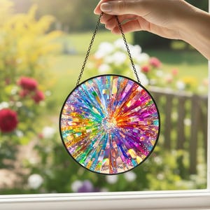 May include: A circular suncatcher featuring a vibrant, multi-colored radial pattern of prismatic glass shards. The design radiates from a central point, encased in a thin black metal frame, and is suspended by a delicate black metal chain.