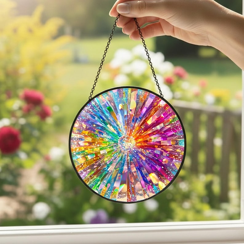May include: A circular suncatcher featuring a vibrant, multi-colored radial pattern of prismatic glass shards. The design radiates from a central point, encased in a thin black metal frame, and is suspended by a delicate black metal chain.