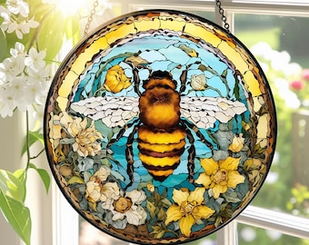 Bee Stained Glass Suncatcher, Bee Wildflower Window Hanging, Honeybee Gift for Garden Lovers, Home Decoration for Bee, Housewarming Gift