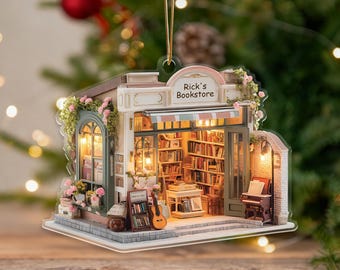 Personalized Bookstore Christmas Ornament,Custom Name Acrylic Keepsake,Gift for Book Lovers,Cozy Holiday Decor,Miniature Bookshop Ornament