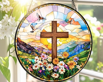 Cross And Wildflowers Stained Glass Suncatcher, Christian Window Hanging, Flower Window Decor, Religious Faith Gifts, Suitable for of Church