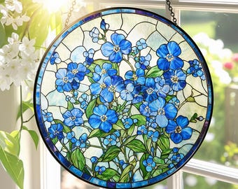Forget Me Not Stained Glass Suncatcher,Memorial Window Hanging,Window Decor,Present For Mom,Grandma,Sympathy Gifts,Floral Lover SunCatcher