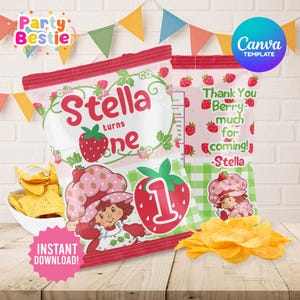 Editable Strawberry Birthday Birthday Berry Chip bag, Strawberry Party Favors, Strawberry Birthday Party Printable Treat Bags Decors