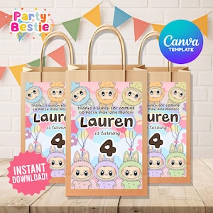 Editable Labubu Theme Birthday Party Favor Bag Label, Labubu Party Favor, Labubu Bag Label, Labubu Goodie Bag label
