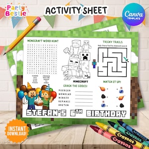 Editable MineCrafter Theme Activity Sheet Birthday Printable, MineCrafter Party Decor, Pixel Party Gaming Activity