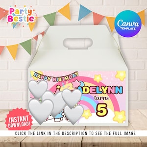 Caixa de empena de gato rosa fofo editável, modelo digital Canva, caixa de doces para lembrancinhas de festa de gato fofo, caixa de brindes para festa de aniversário de gato fofo