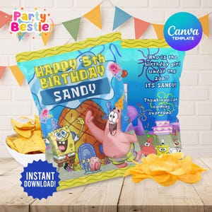 Etiqueta editável para saco de biscoito de esponja, lembrancinhas de festa de esponja, festa de aniversário de esponja, etiquetas imprimíveis para guloseimas de festa de esponja