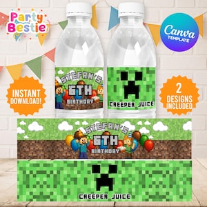Editable Mine Crafter Water Bottle label Digital Canva Template, Mine Crafter Party Decor, Mine Crafter Birthday Party Favours Decors