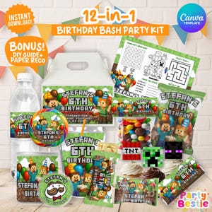 Editable MineCrafter Theme 12in1 Birthday Bundle Templates, MineCrafter Party Decor, Minecrafter Party Labels, Minecrafter Party Printables