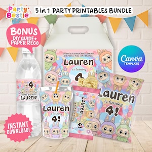 Editable Labubu Theme Birthday Bundle Printable Templates, Labubu Party Decor, Labubu Digital Party Kit Decors, Cute Labubu Birthday