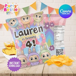Editable Labubu Birthday Chip bag, Labubu Party Favors, Labubu Birthday Party Printable Treat Bags, Labubu Theme, Labubu Party Decoration
