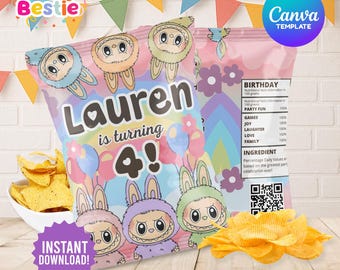 Editable Labubu Birthday Chip bag, Labubu Party Favors, Labubu Birthday Party Printable Treat Bags, Labubu Theme, Labubu Party Decoration