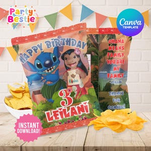 Editable Lilo and Stitch Chip bag Label, Stitch Birthday Party favours, Stitch Party Decors, Stitch Party Treats Printable, Stitch Favor Bag