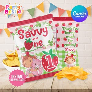 Edytowalna torebka na chipsy z okazji urodzin truskawki dla dziecka, upominki na pierwsze przyjęcie truskawki dla dziecka, drukowane torebki na smakołyki na pierwsze urodziny truskawki