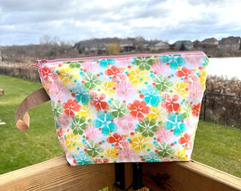 Floral project bag, medium knitting bag or crochet bag, zipper pouch, large makeup bag, cosmetics cross stitch storage bag.