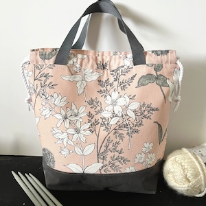 Large Canvas Knitting Project Bag, Pink Grey Floral Design, Denim Base