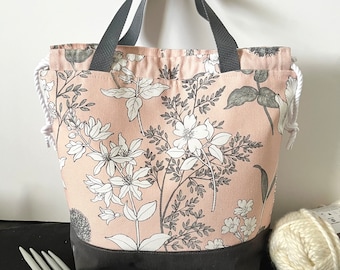 Large project bag for knitters, crochet bag in pale pink and gray, Canvas, denim drawstring bag, knitting bag with Spring wild flowers