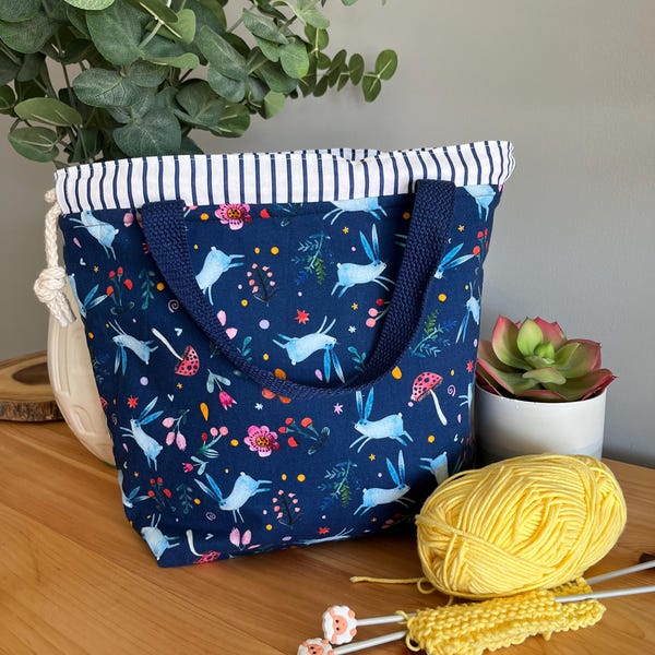 Blue Bunny Hop Knitting Project Bag: Large Tote, Drawstring Easter Gift